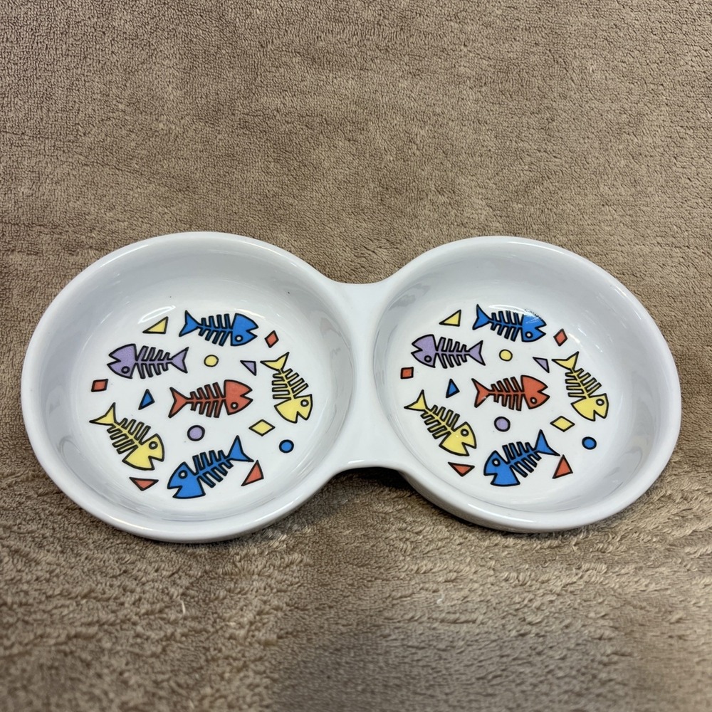 Double Bowl Cat Food‎ & Water Dish Fish Bones Stoneware Heavy Durable Dishes